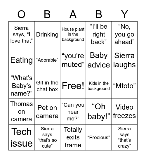 Sierra’s Baby Shower Bingo Card