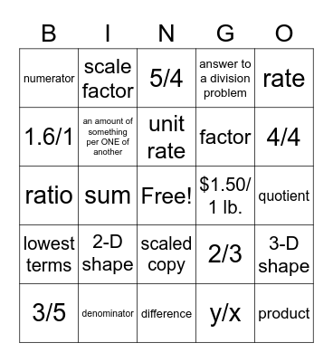 Ratios and Proportions Bingo Card