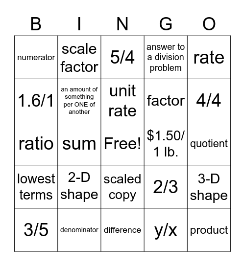 Ratios and Proportions Bingo Card