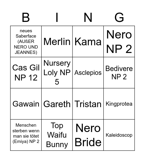 FGO Bingo Card