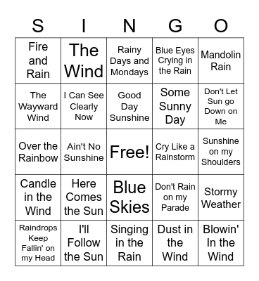 Songs about the Weather Bingo Card