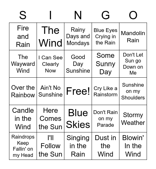 Songs about the Weather Bingo Card