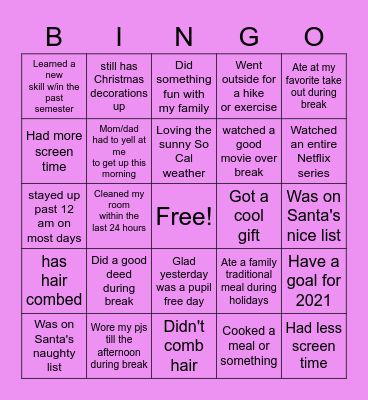 Welcome Back Bingo ! Bingo Card
