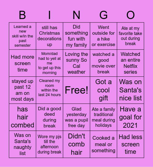 Welcome Back Bingo ! Bingo Card