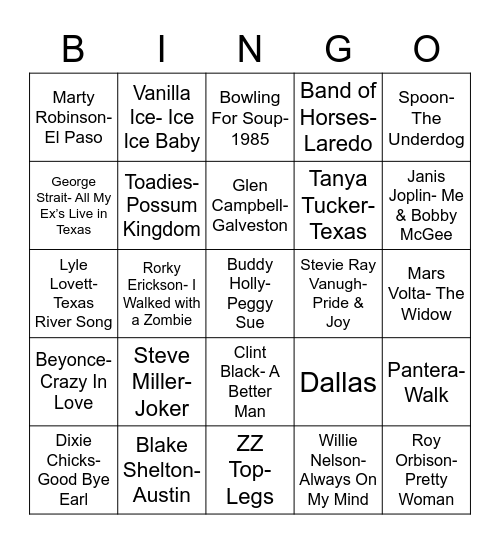 Total-Quiz.com Presents: Radio Bingo Deep in The Heart of Texas Bingo Card