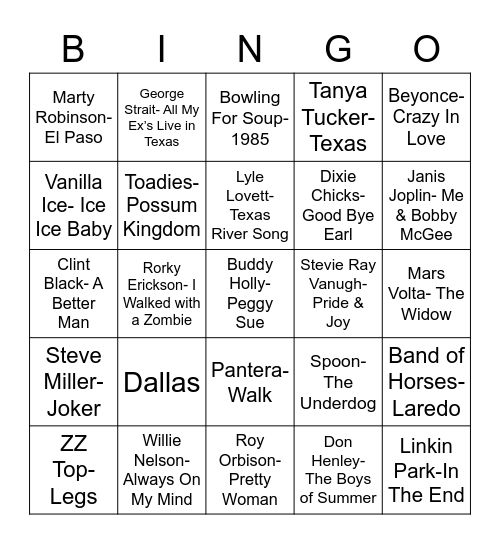 Total-Quiz.com Presents: Radio Bingo Deep in The Heart of Texas Bingo Card