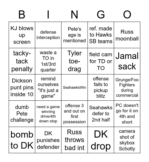 Seahawks Playoff Game Bingo Card