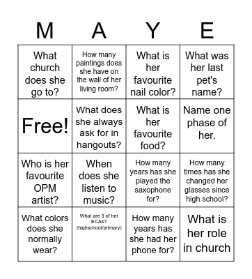 Mayelle's 18th Birthday Bingo Card
