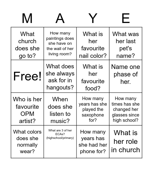 Mayelle's 18th Birthday Bingo Card