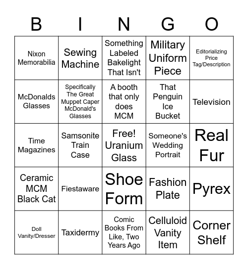 Antiquing Bingo Card