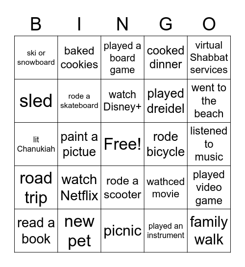 Winter Break Bingo Card Bingo Card