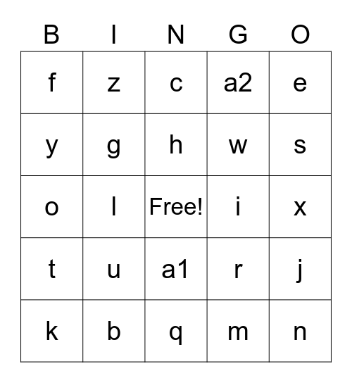 Test alphabet Bingo Card