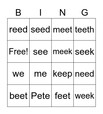 Long -ee- sound for Oliver Bingo Card