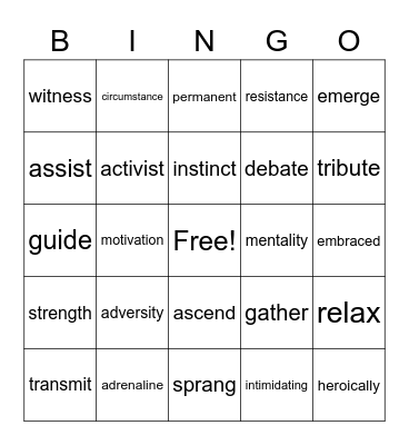 Hero Factor Vocabulary Bingo Card