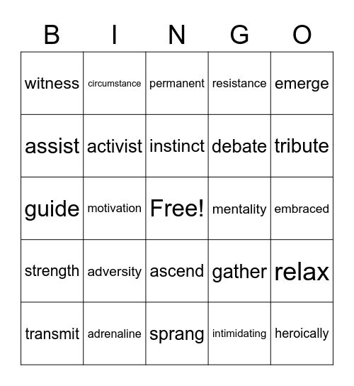 Hero Factor Vocabulary Bingo Card