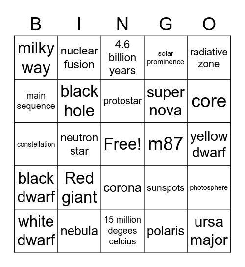 Galaxy Bingo Card