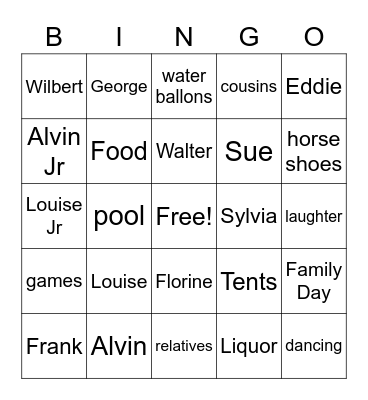 Family Time 1/9/2021 Bingo Card