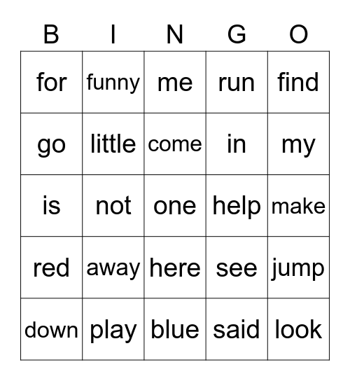 Pre-Primer Bingo Card