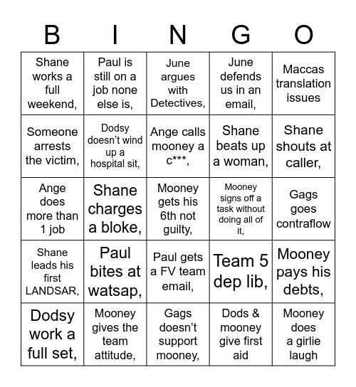 TEAM 5 Bingo Card