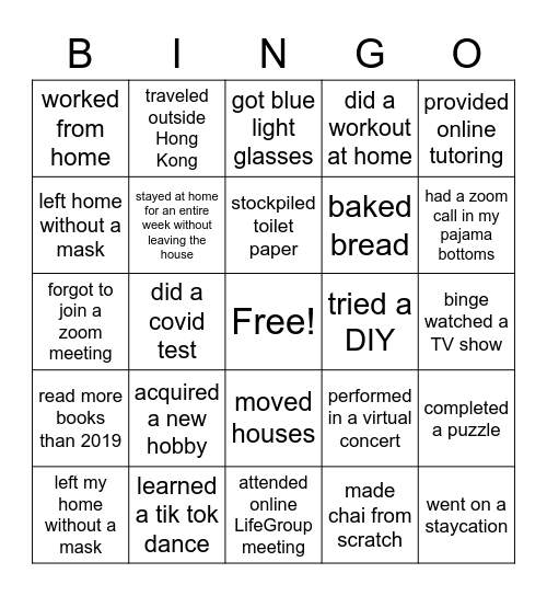 Young Adult Life Group 2020 Review Bingo Card