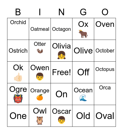 Letter O Bingo Card