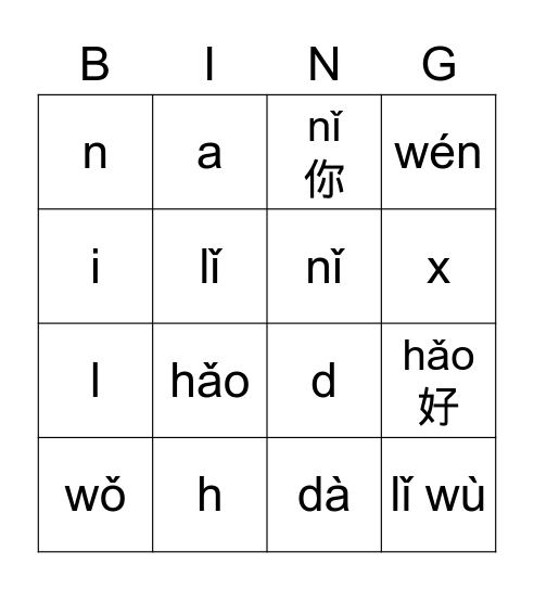 pinyin (yi Bingo Card