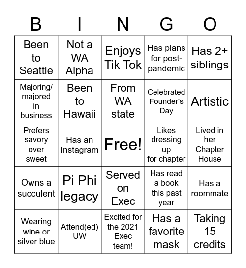 WA Alpha Pi Beta Phi Bingo Card