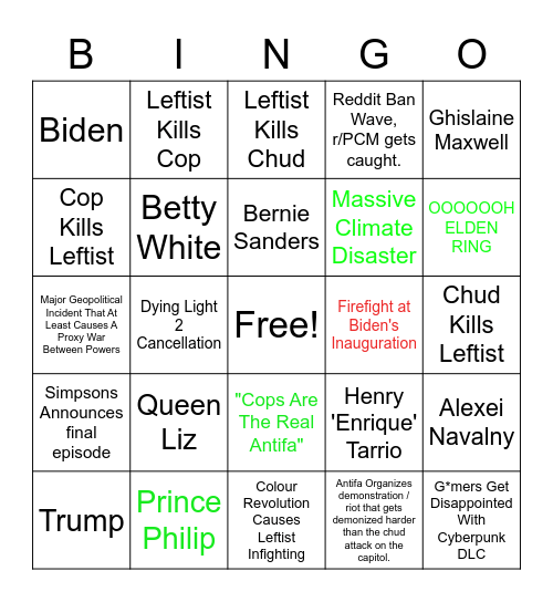 2021 Deaths And Fuckery Bingo Card