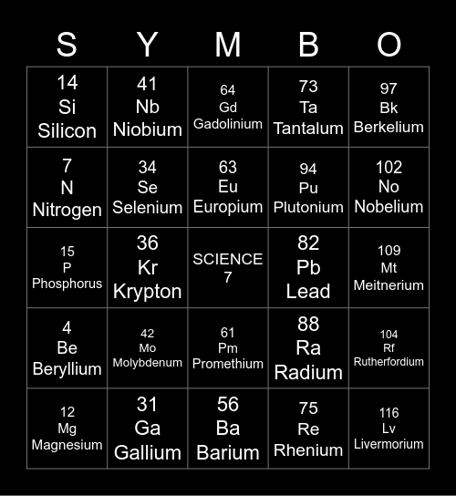 SYMBO SCIENCE 7 Bingo Card
