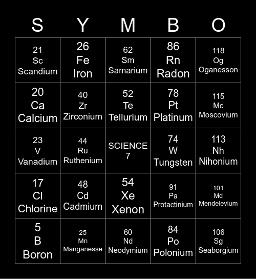 SYMBO SCIENCE 7 Bingo Card