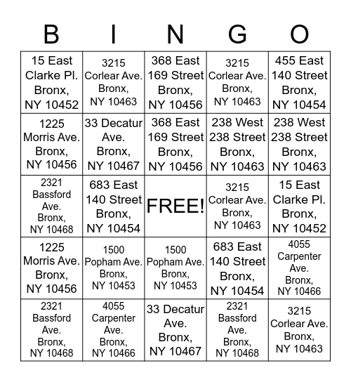 ADDRESS Bingo Card