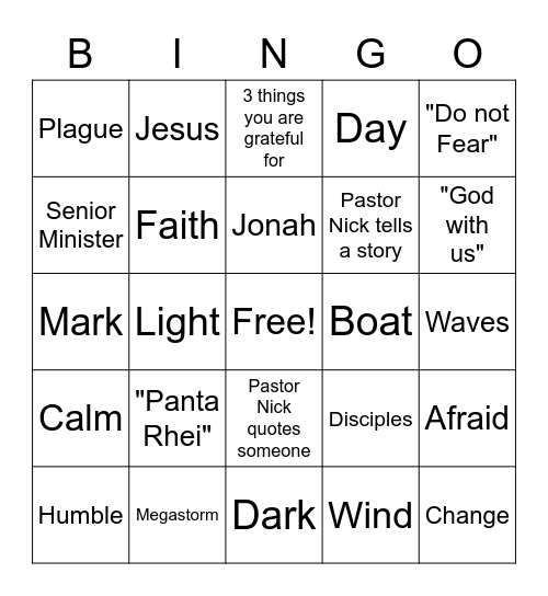 January 10th Sermon Bingo Card
