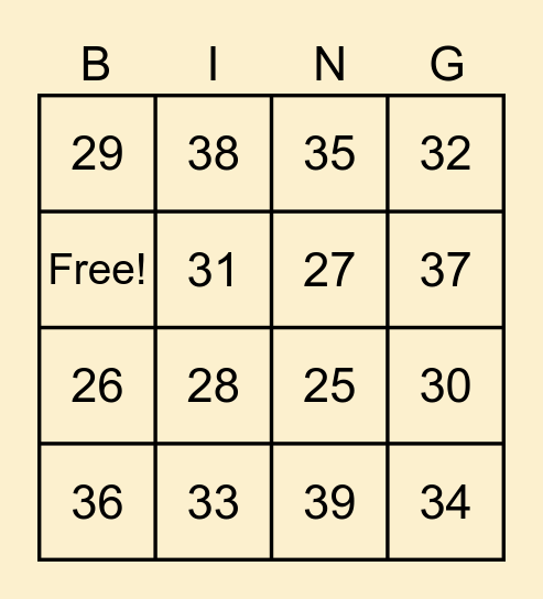 Number Bingo 25-39 Bingo Card