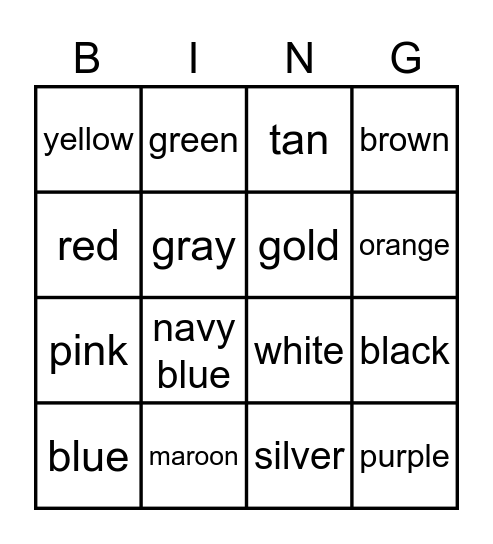 16 Color Sight Words Bingo Card