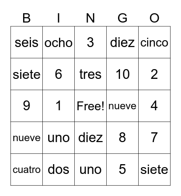 Spanish Numbers 1-10 Bingo Card