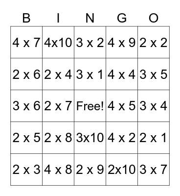 Multiplication Facts 2, 3, 4 Bingo Card