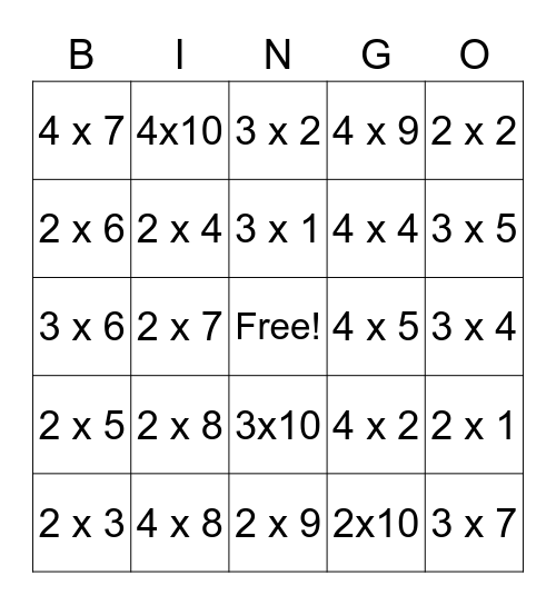 Multiplication Facts 2, 3, 4 Bingo Card