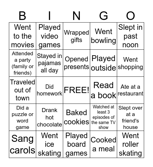 Winter Break Bingo- What did you do? Bingo Card