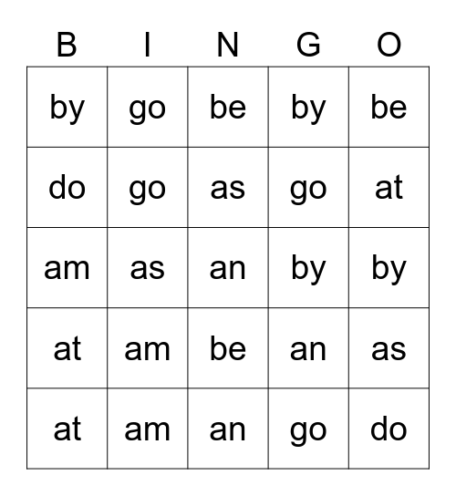 2 Letter Sight Words Bingo Card