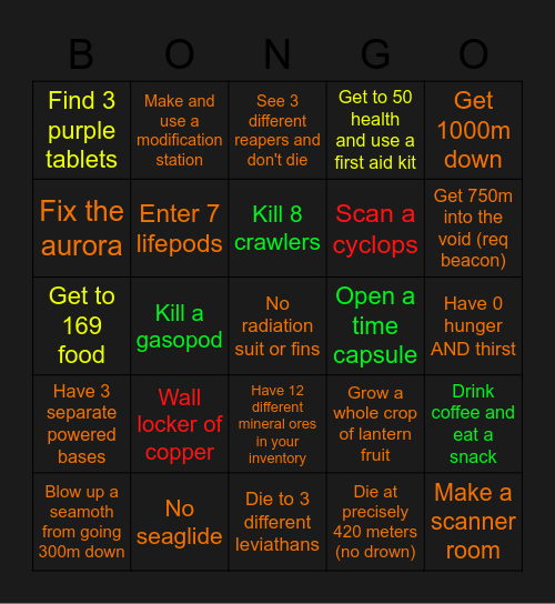 Subnautica Bingo Card