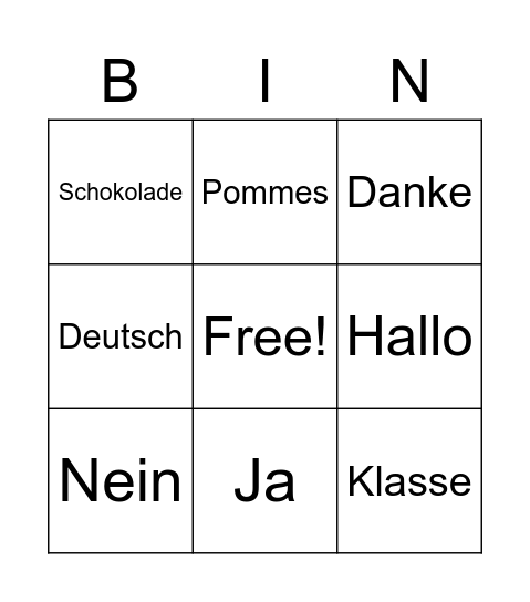 German 101 Bingo Card