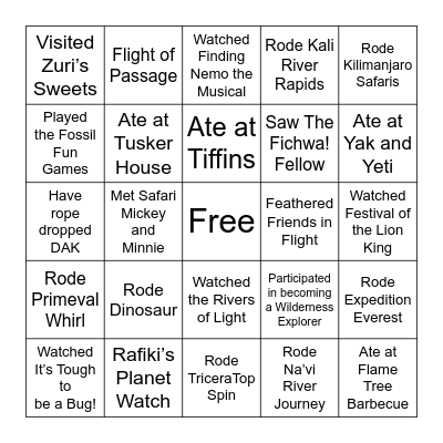 Animal Kingdom Bingo Card