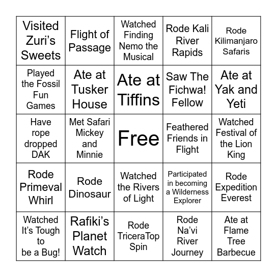 Animal Kingdom Bingo Card