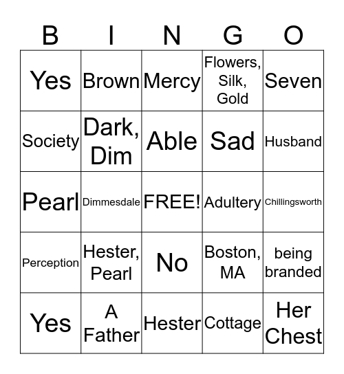 Scarlet Letter Chapter 13  Bingo Card