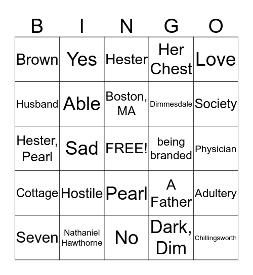 Scarlet Letter Chapter 13  Bingo Card