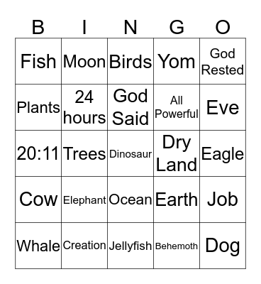 Creation Week Bingo Card
