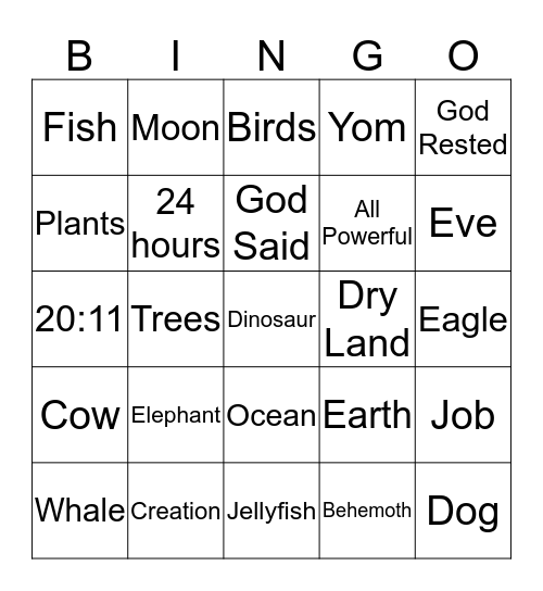Creation Week Bingo Card