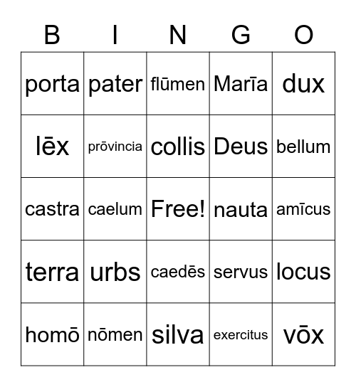 LATIN VOCABULARY Bingo Card