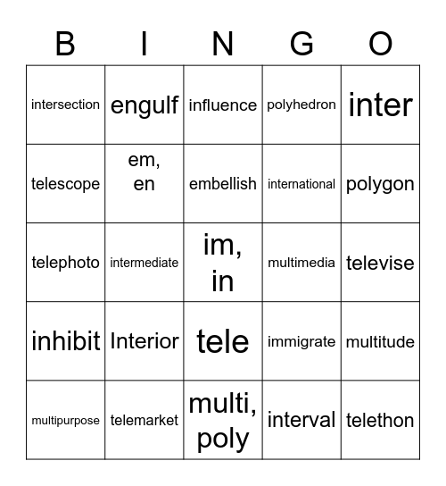 Bingo Review Etymology 13 - 16 Bingo Card
