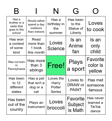 Getting to Know You Bingo Card